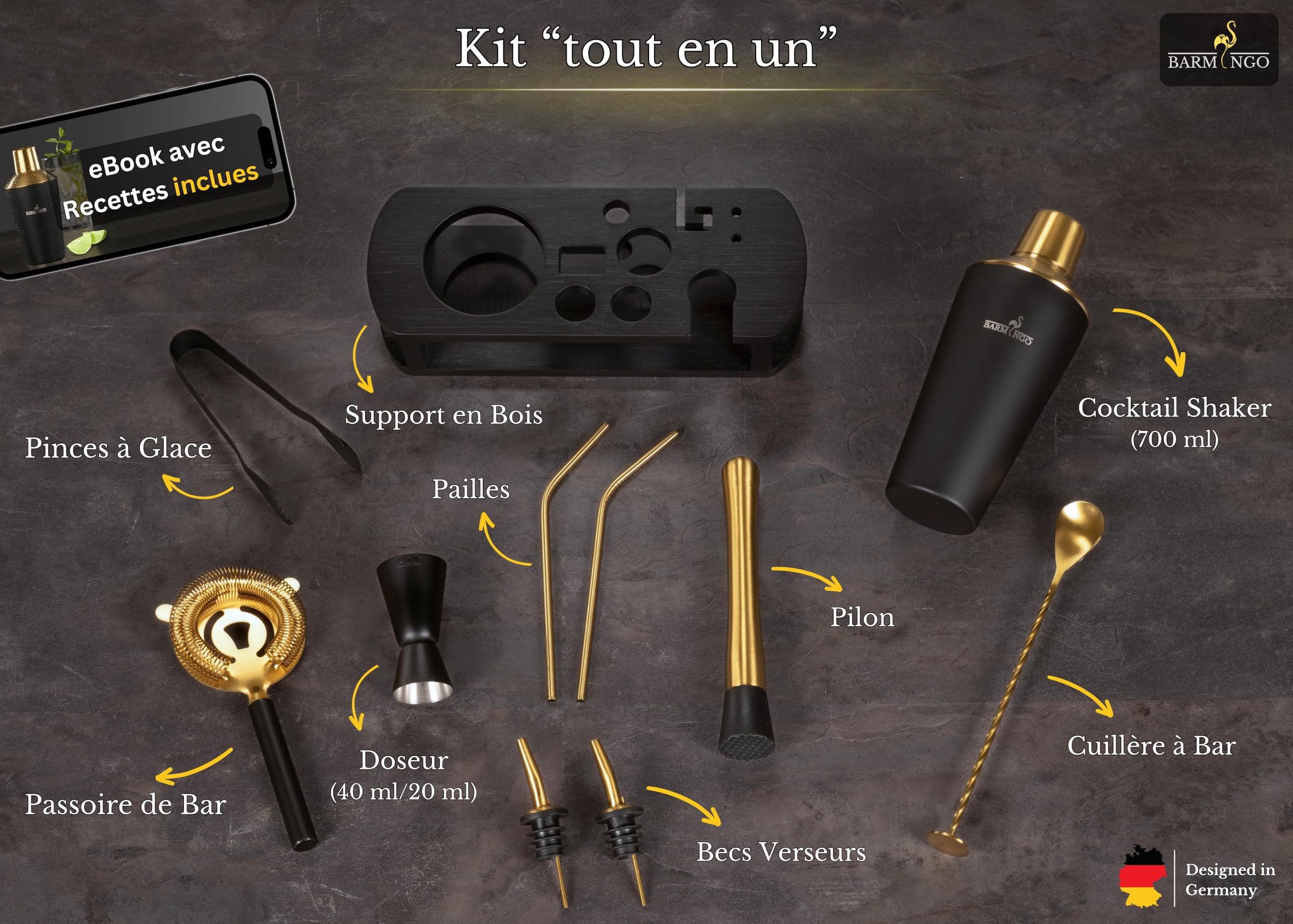Shaker Cocktail Kit | 11 Pièces, Volume de 700 ML, Noir - Or | Shaker Cocktail INOX avec Support et Accessoires de Bar | Set Barman Cocktail Shaker | Kit Cocktail Professionnel