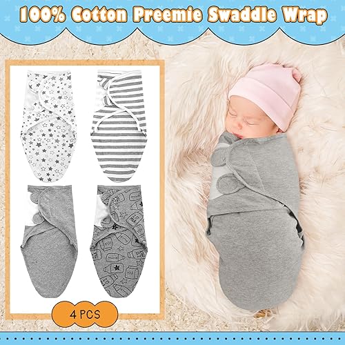 Miniatura 3 de Newwiee 4 unidades de manta de algodón ajustable para bebés prematuros para recién nacidos (rayas grises, apta para prematuros)