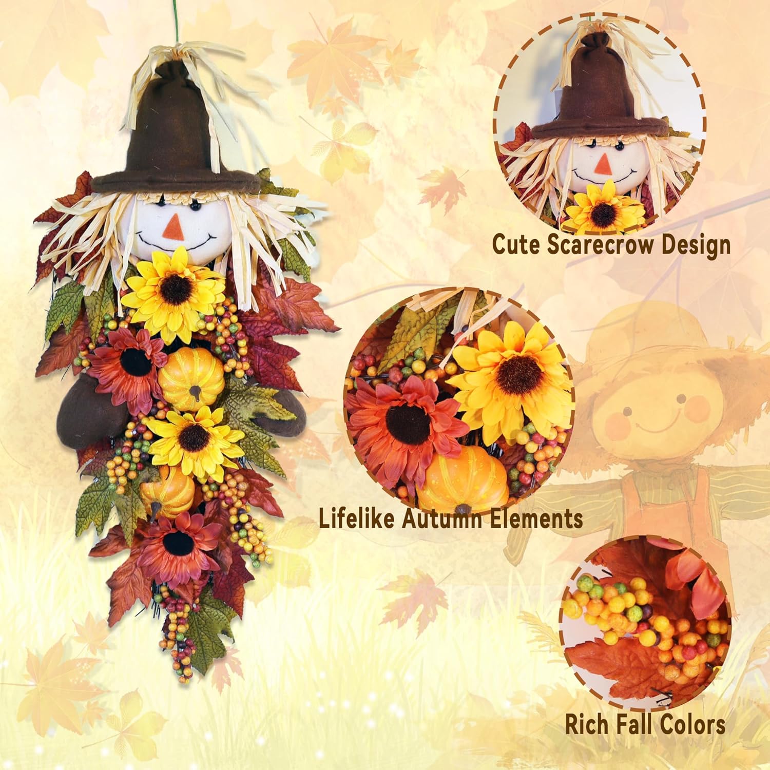 24" Rustic Fall Scarecrow Teardrop Swag – Farmhouse Sunflower & Pumpkin Wreath – Autumn Harvest Hanging Decor for Front Door, Wall, Porch, Indoor/Outdoor