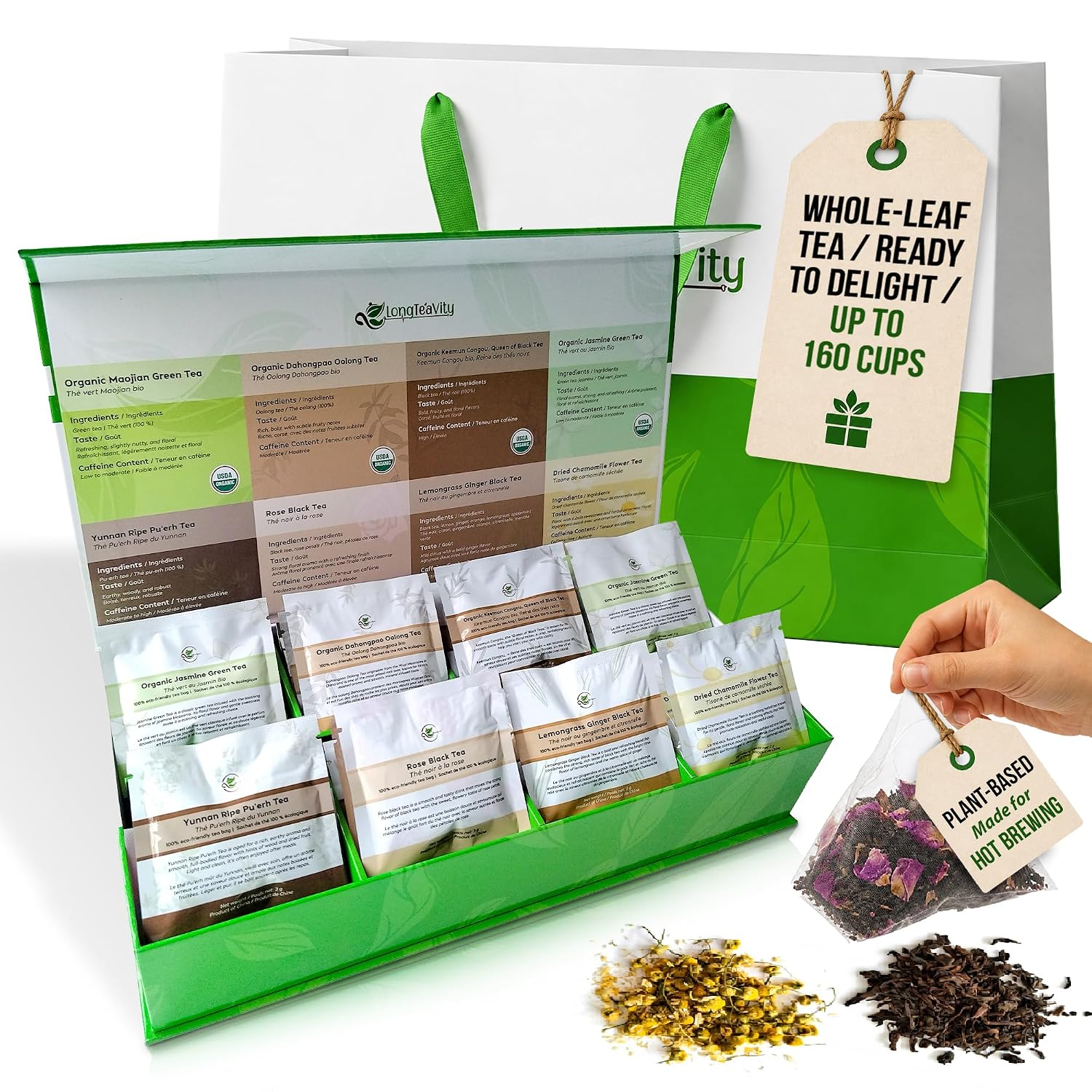 LongTeaVity Premium Tea Gift Set with Whole Leaf Tea Bags | Assorted Tea Sampler, 8 Varieties | Plant-Based Bags | Up to 160 Cups