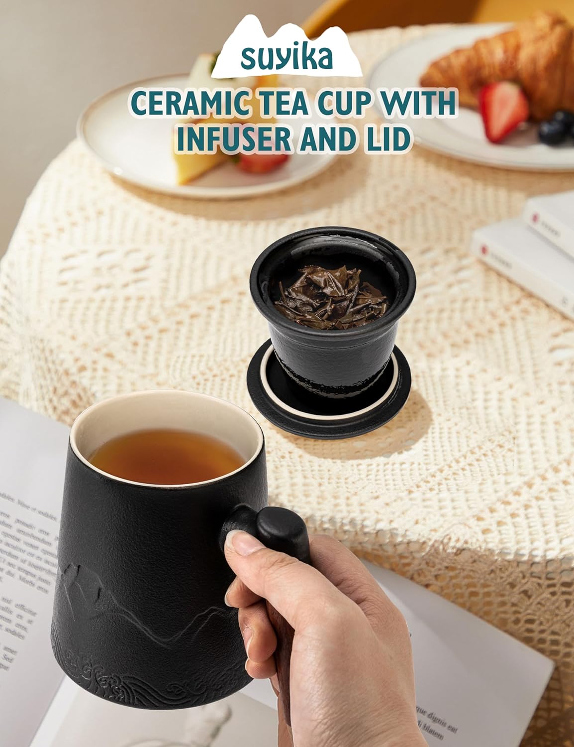 suyika Tea Cup with Infuser and Lid, 15.2 Ounce Wood Handle Ceramic Loose Leaf Mug Gradient Black 450ml - Image 2