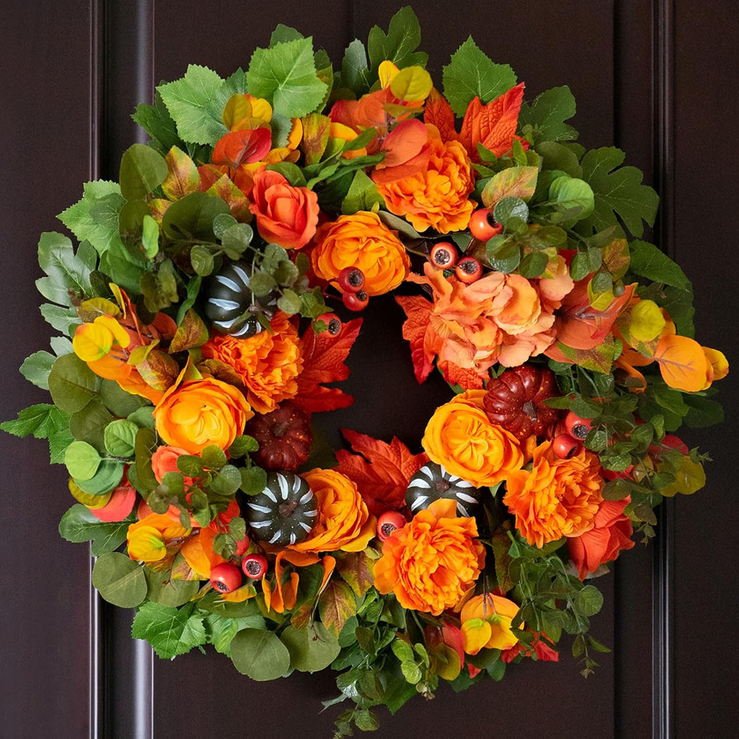 24 inch fall wreath for front door - autumn wreath with peonies, dahlias, berries, maple leaves & pumpkins -thanksgiving & halloween decor - all-weather home decoration for front porch, door hanger