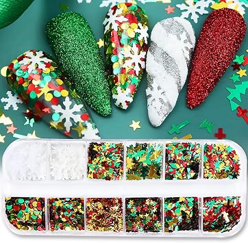 12 Grids Chrsitmas Nail Art Glitter Sequins 3D Holographic Snowflake Christmas Tree Star Heart Round Nail Glitter Flakes Red Green White Gold Designs Winter Xmas Nail Decals for Women