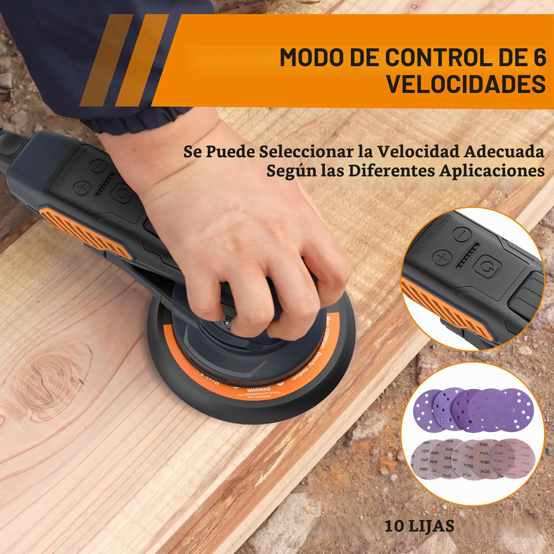 MAXXT Lijadora Orbital Sin Escobillas para 6 pulgadas, Lijadora Orbital Aleatoria Eléctrica de 10,000 RPM con 10 Discos de Lija, Lijadora de Velocidad Variable de 6 para Lijado y Pulido de Madera