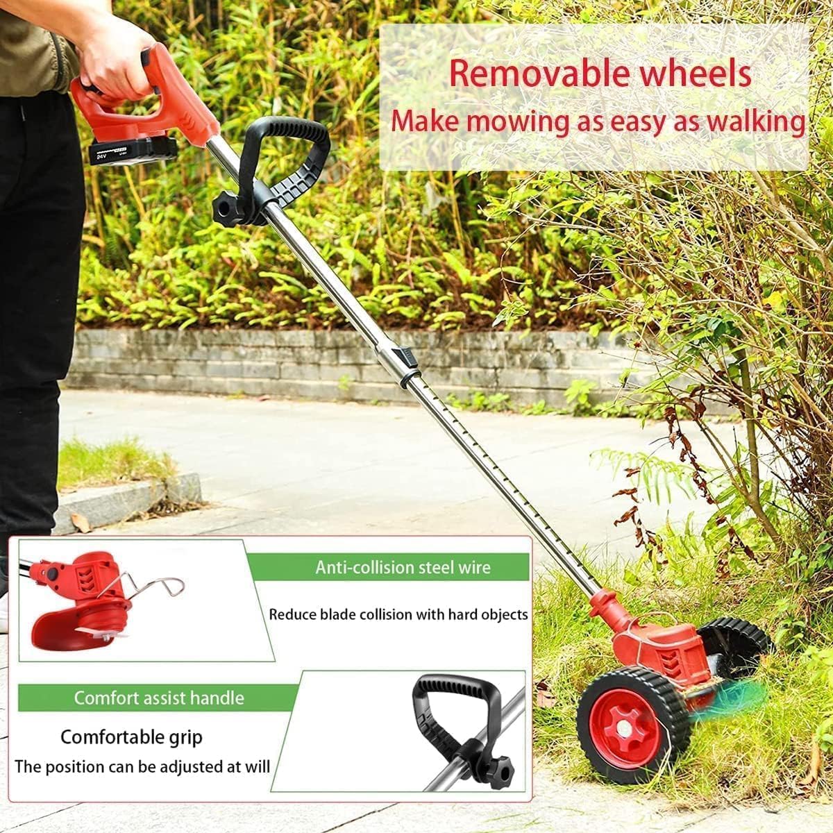 Electric Weed Wacker 3 in 1 Cordless Grass Trimmer 24v Weed Wacker Battery Operated Lightweight Weed Trimmer Brush Cutter with 2pcs Batteries and 3 Types Blades&Auxiliary Wheel for Garden