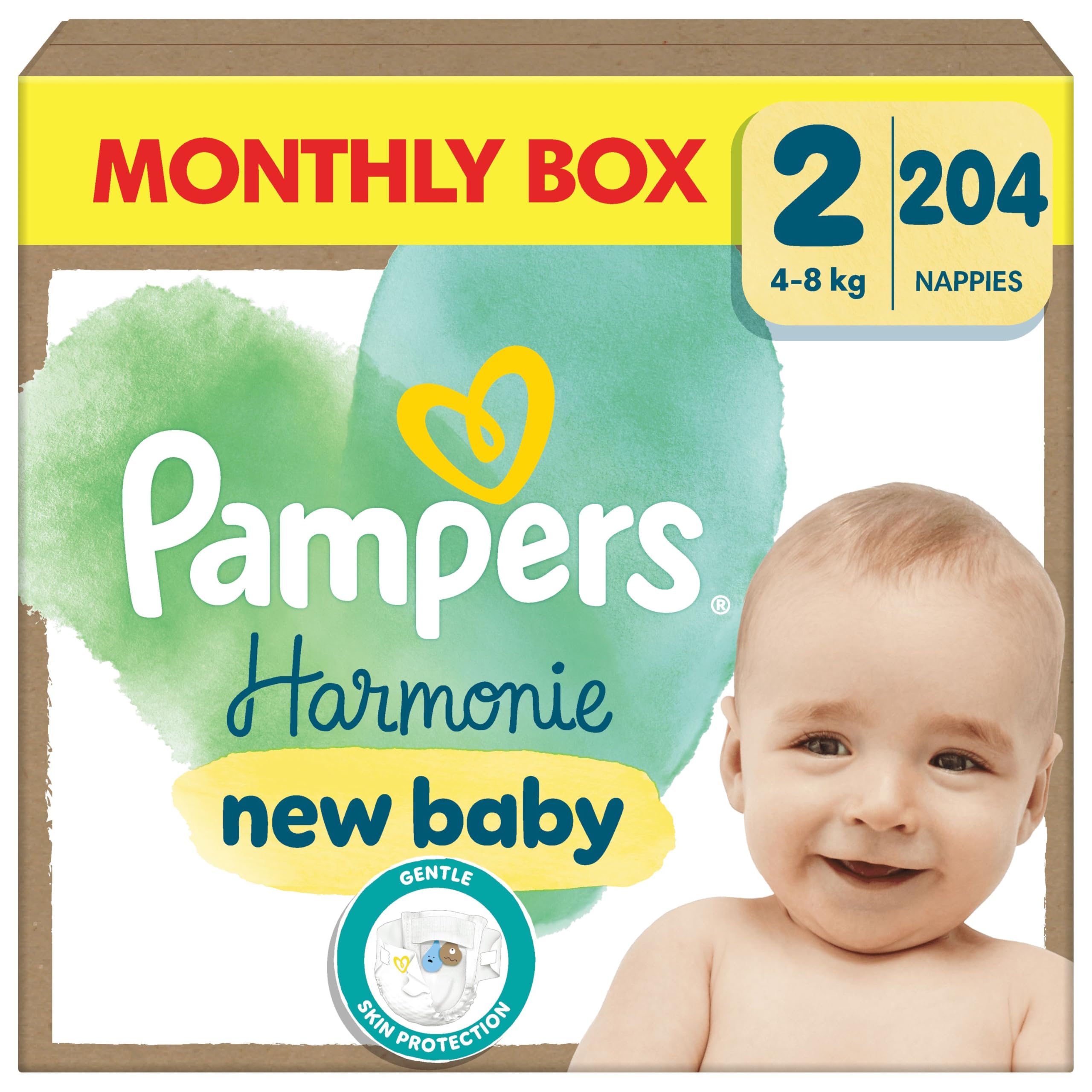 Harmonie Nappies Size 2, 204 Nappies, 4kg-8kg, Monthly Pack, Gentle Skin Protection with 100 Percent Pampers Protection