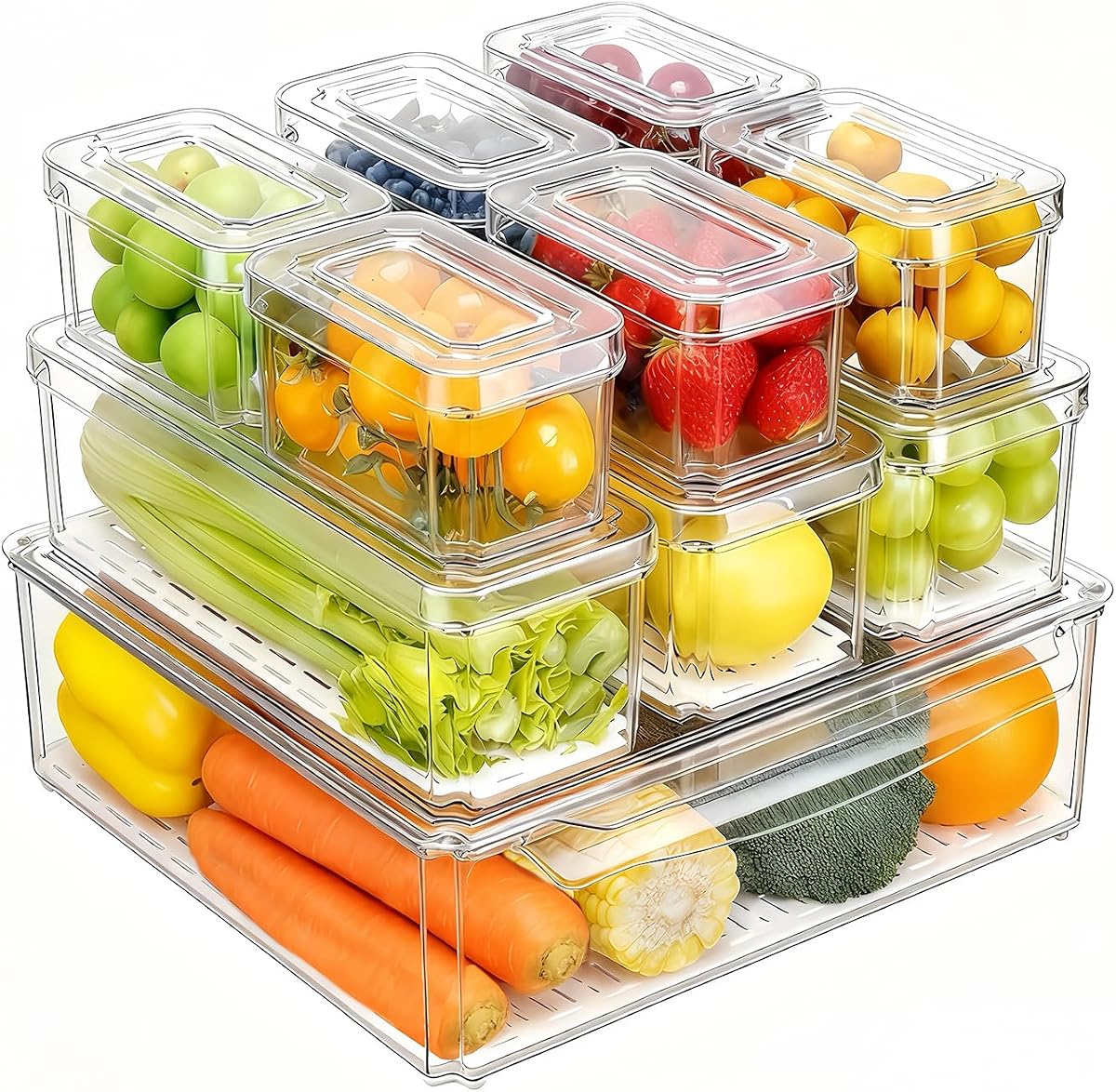 Pure Future 10-Pack Clear Fridge Organizer Containers with Lids, Stackable BPA-Free Refrigerator & Produce Storage Containers with Drain Tray & Anti-Slip Base for Fruits, Veggies & Drinks