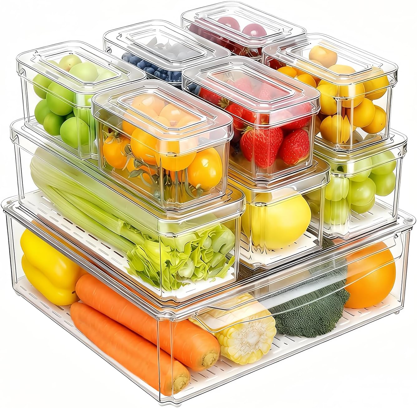 10-Pack Clear Fridge Organizer Containers with Lids, Stackable BPA-Free Refrigerator & Produce Storage Containers with Drain Tray & Anti-Slip Base for Fruits, Veggies & Drinks 10-Pack Clear Fridge Organizer Containers with Lids, Stackable BPA-Free Refrigerator & Produce Storage Containers with Drain Tray & Anti-Slip Base for Fruits, Veggies & Drinks