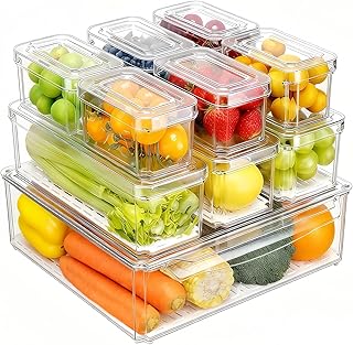 10-Pack Clear Fridge Organizer Containers with Lids, Stackable BPA-Free ...