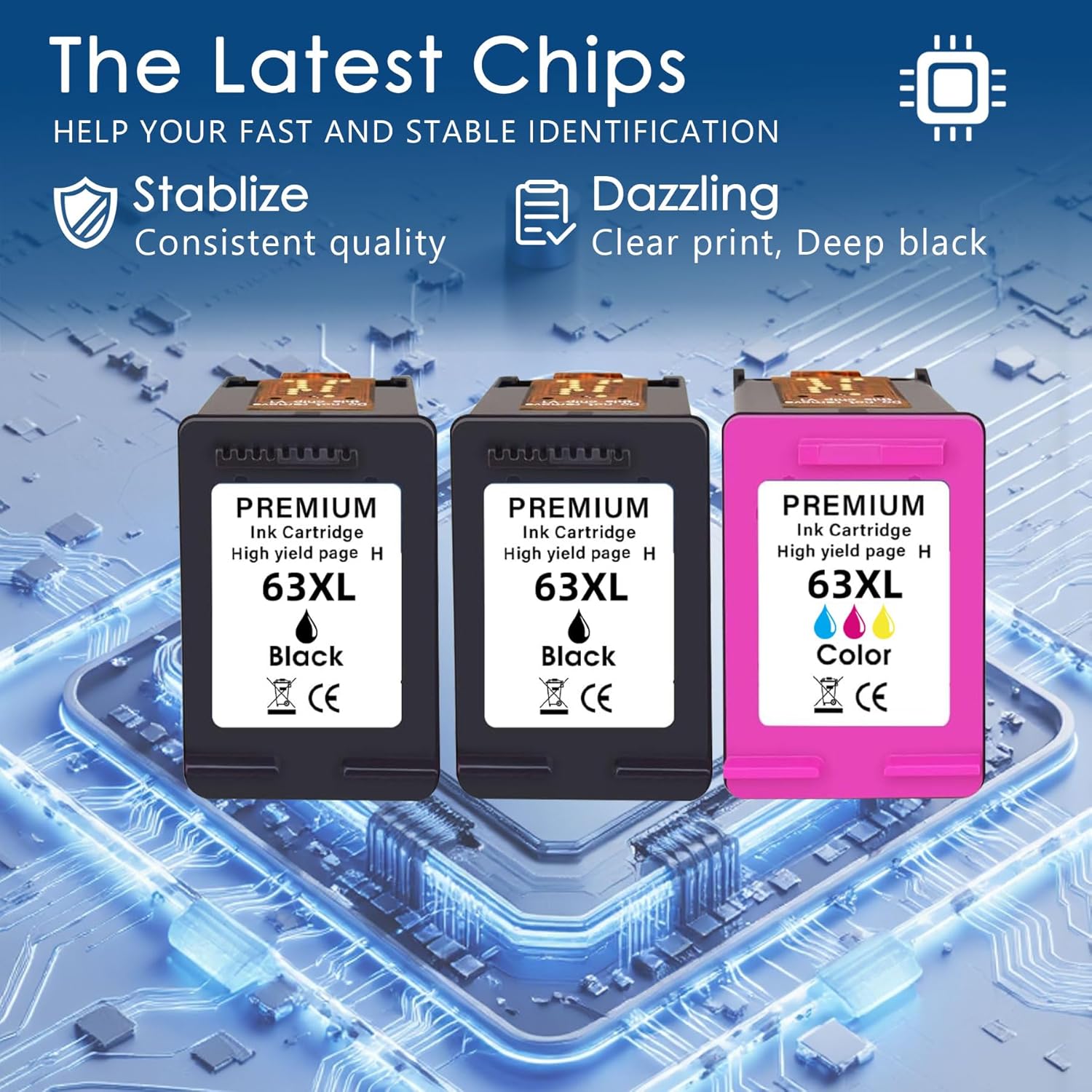 63XL Ink Cartridge 3-Pack Replacement for HP 63 Combo Pack Compatible with HP Deskjet 1110 1111 1112 2130 2131 Envy 4510 4511 4512 4513 Officejet 3830 3831 3832 3833 Printer Ink(2 Black, 1Tri-Color)