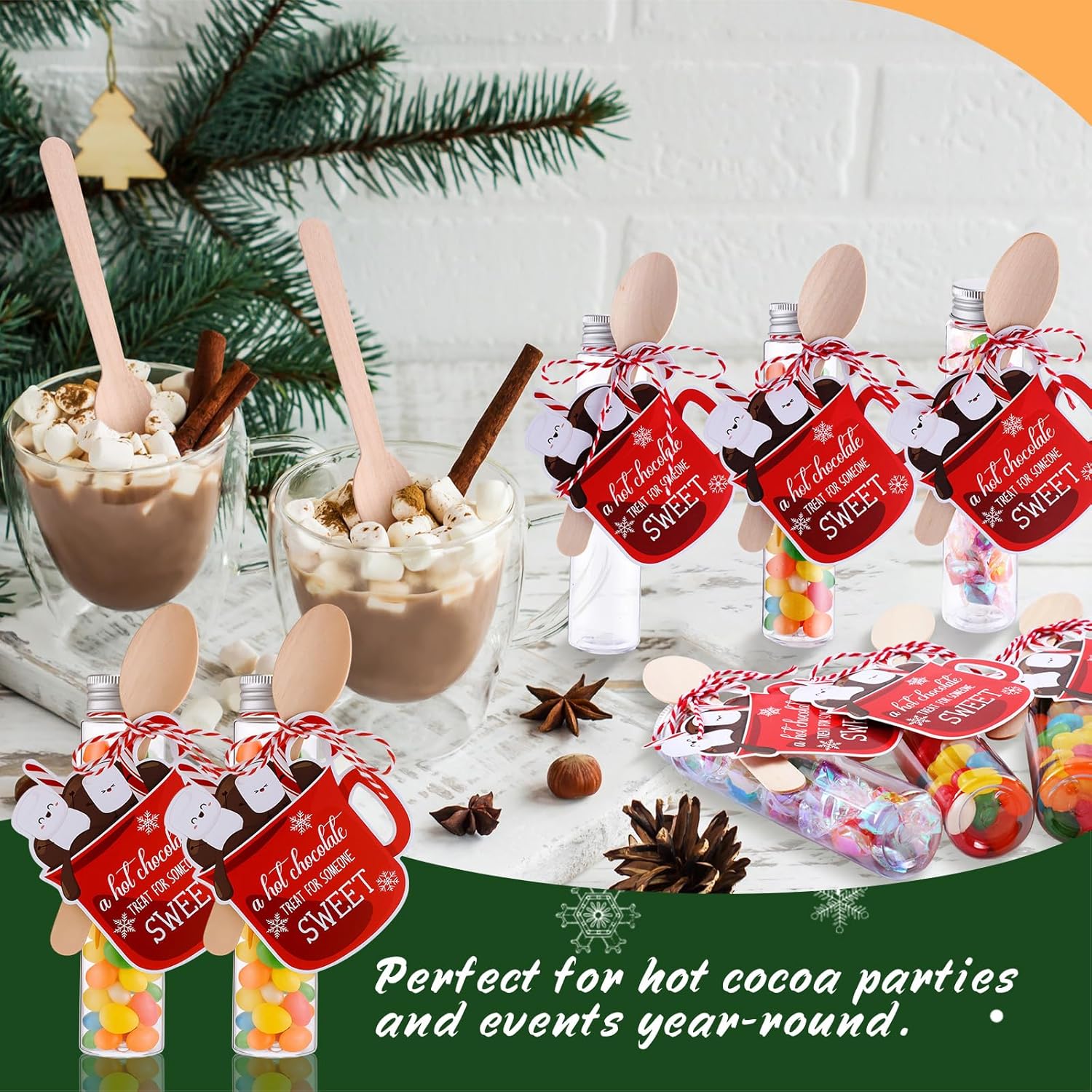 Vesici 50 Sets Christmas Hot Chocolate Test Tubes Chocolate Party Favors 3.7 oz Hot Cocoa Test Tubes with Wood Spoons, Bar Tag and Rope for Marshmallow Candy Xmas Party Gifts Stocking Stuffers