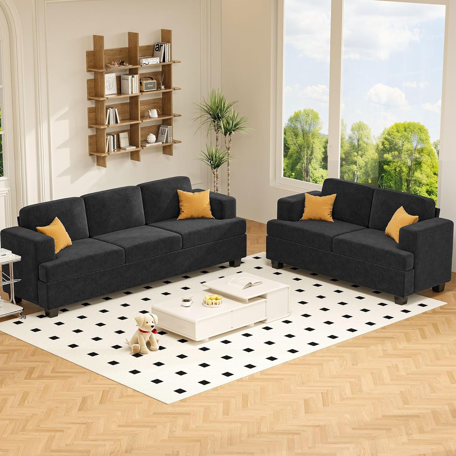 Apicizon Dark Grey Sofa Set Modern Chenille Couch for Living Room Apartment Lounge Furniture