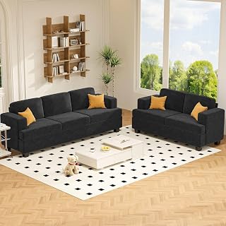 Apicizon Loveseat & 3 Seater Sofa Sets, 89" Couch Sofa Set for Living Room Furniture, 2 Piece Modern Sleeper Sofa with Deep Seat Cloud Couch for Apartment Lounge, Dark Grey Chenille