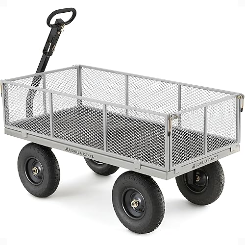Gorilla Carts Steel Utility Garden Cart, 1,000-Pound Capacity, Gray - Heavy-Duty Outdoor Wagon with Removable Sides, 13-Inch Pneumatic Tires, and Convertible Pull or Tow Handle