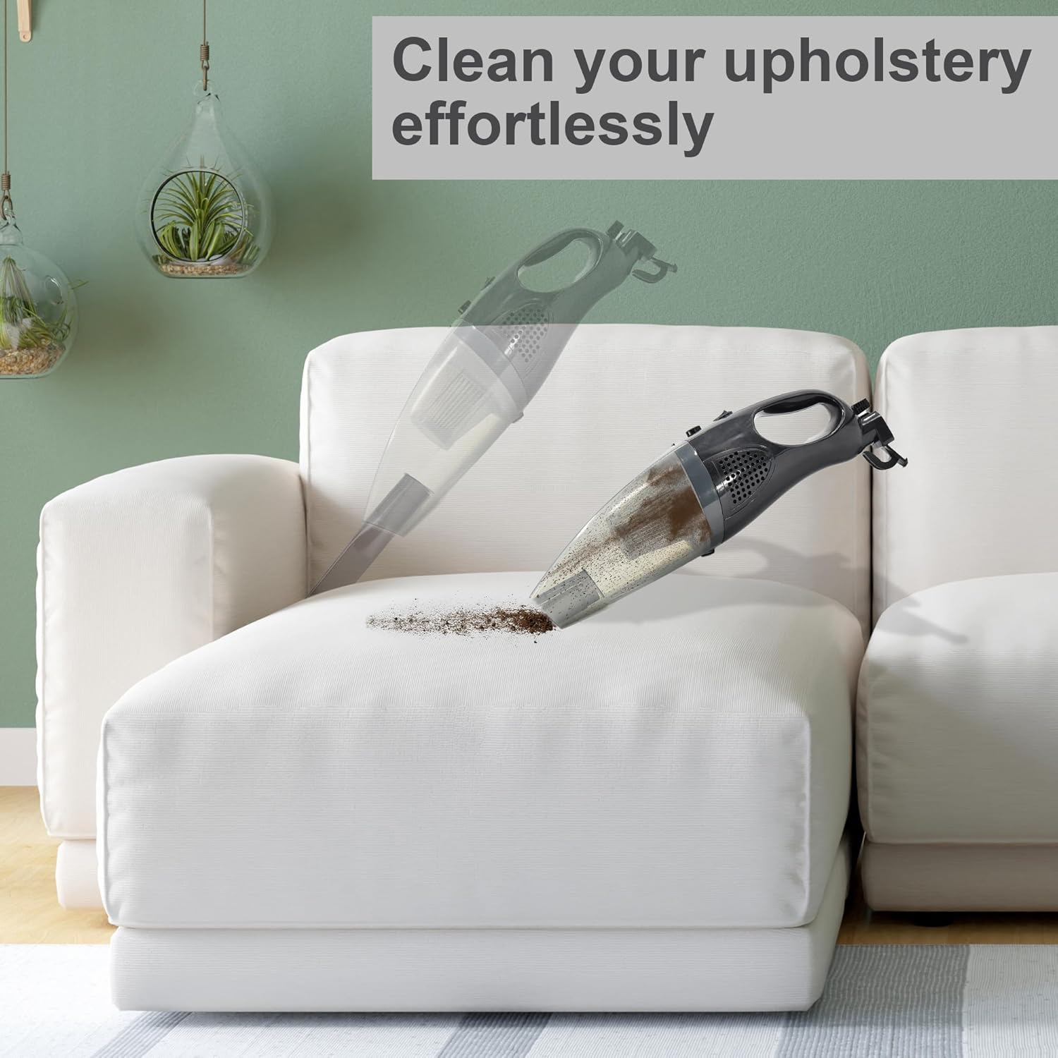 Belaco BSVC135 vacuum cleaner in handheld mode cleaning a white sofa