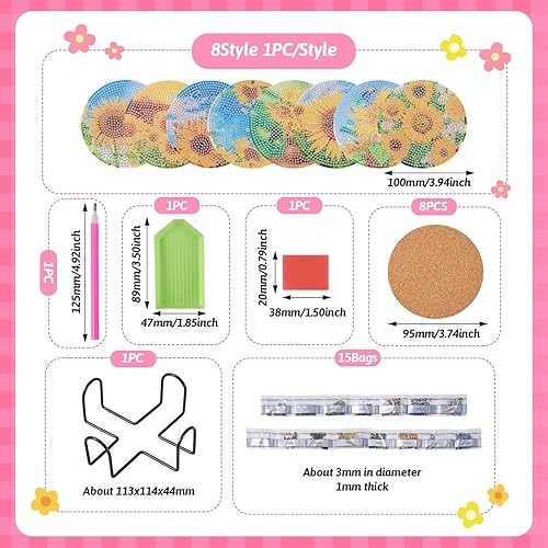 Miniatura 2 de Cheriswelry 8 posavasos de girasol con soporte  Kits de alfombrillas de pintura de diamante 5D  Arte floral para principiantes, adultos y niños