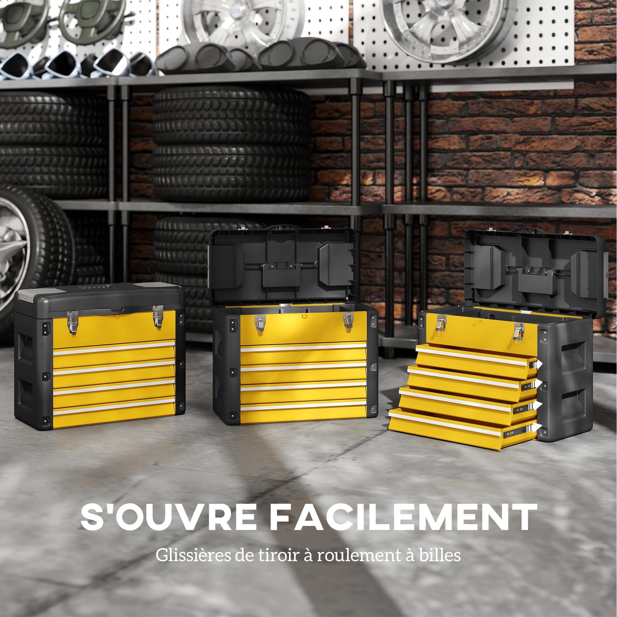 HOMCOM Boîte à Outils à 4 Tiroirs, Plateau Amovible, Caisse Vide, Jaune | Caisse à Outils en Acier Thermolaqué, Poignée, Mini-Boîtes, Glissières à Billes, Coffre à Outillage Robuste