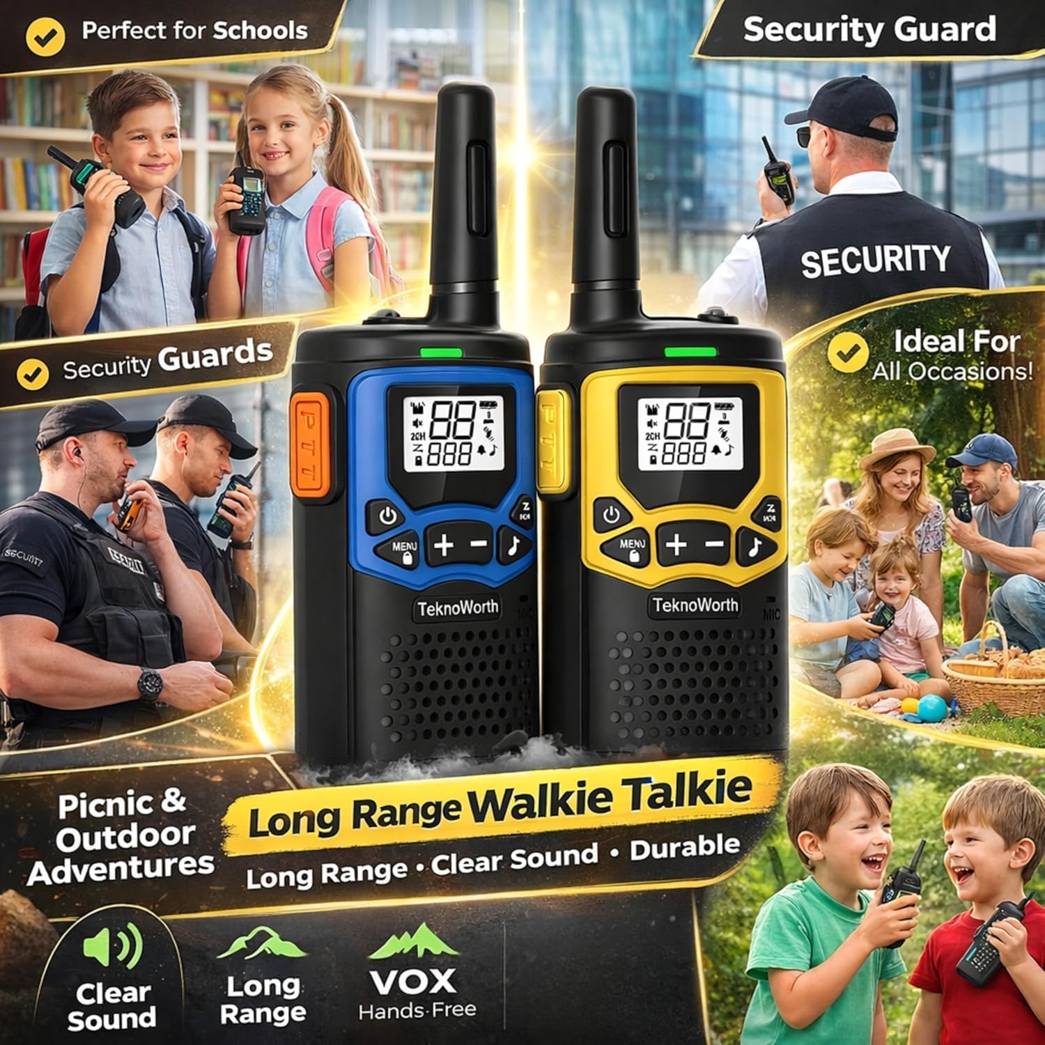 Handheld Communication Device for Adult with VOX Function, SOS Torch & Compact Lightweight Design for Outdoor, Events and Site Coordination (Blue/Yellow, Pack of 2)