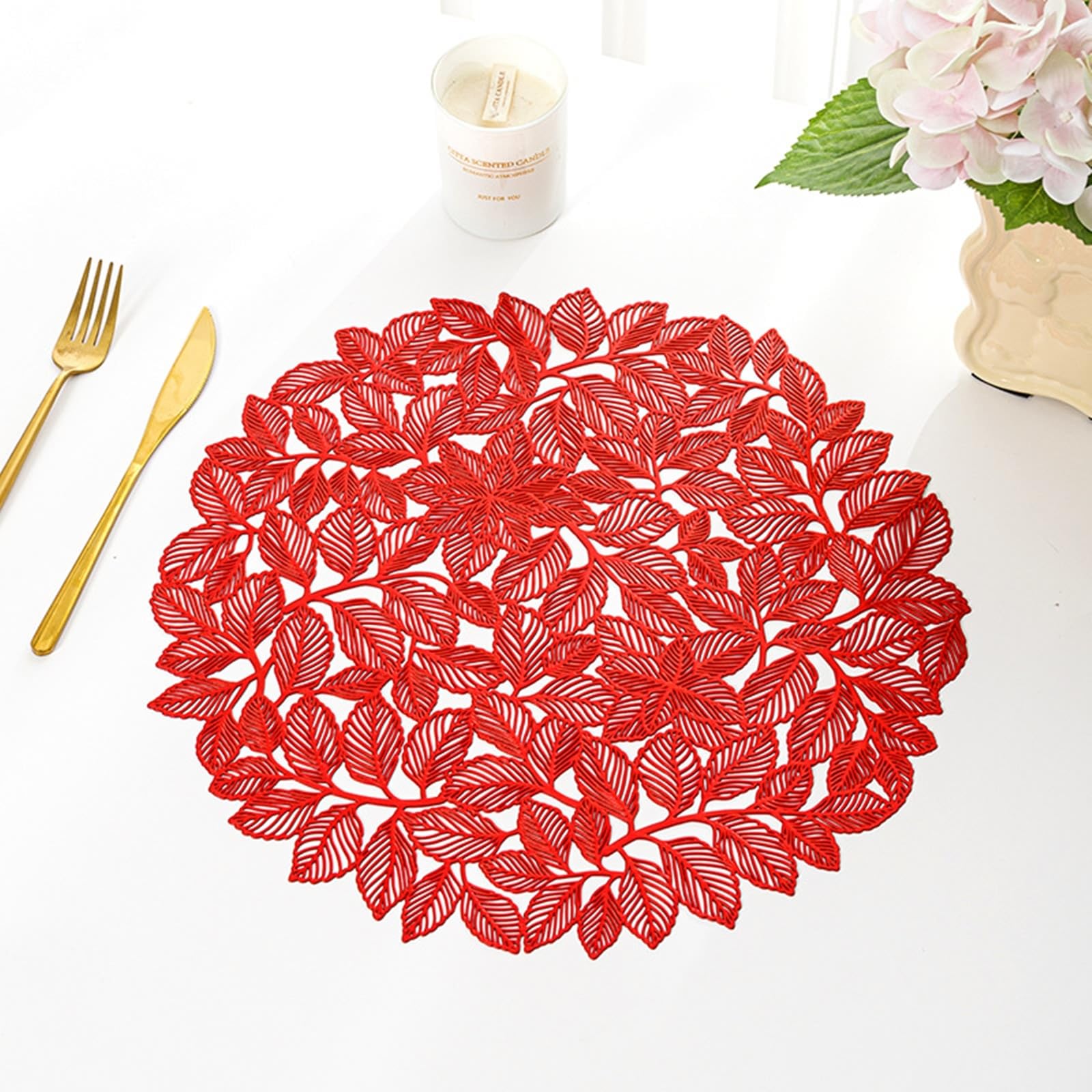 Juego de manteles individuales de PVC, diseño de hojas de olmo, decoración roja, redondas, 38 cm, 10 unidades, manteles individuales lavables para cocina, hogar, restaurante