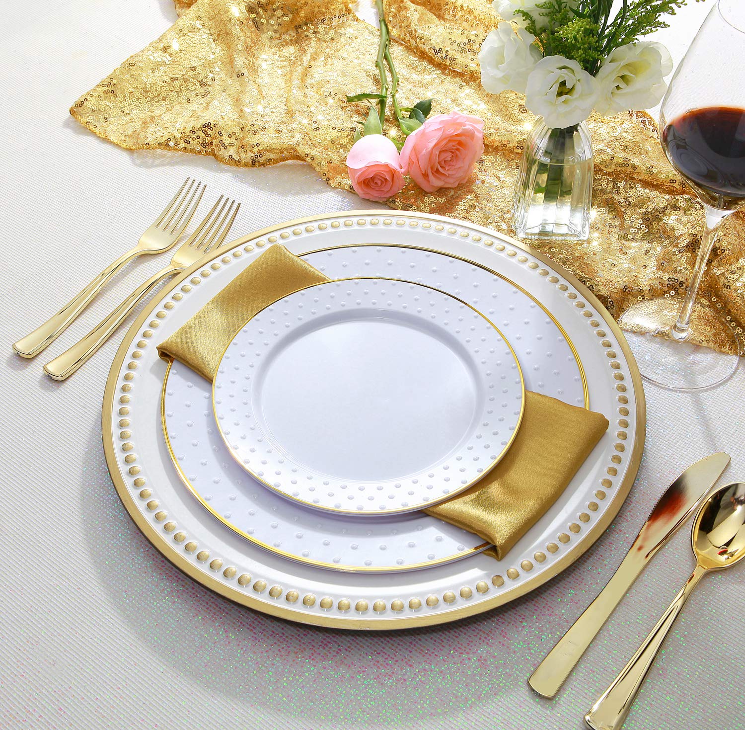 Buy 102pcs Plastic Plates Heavy Duty Gold Plastic Plates, White Disposable Plastic Plates with