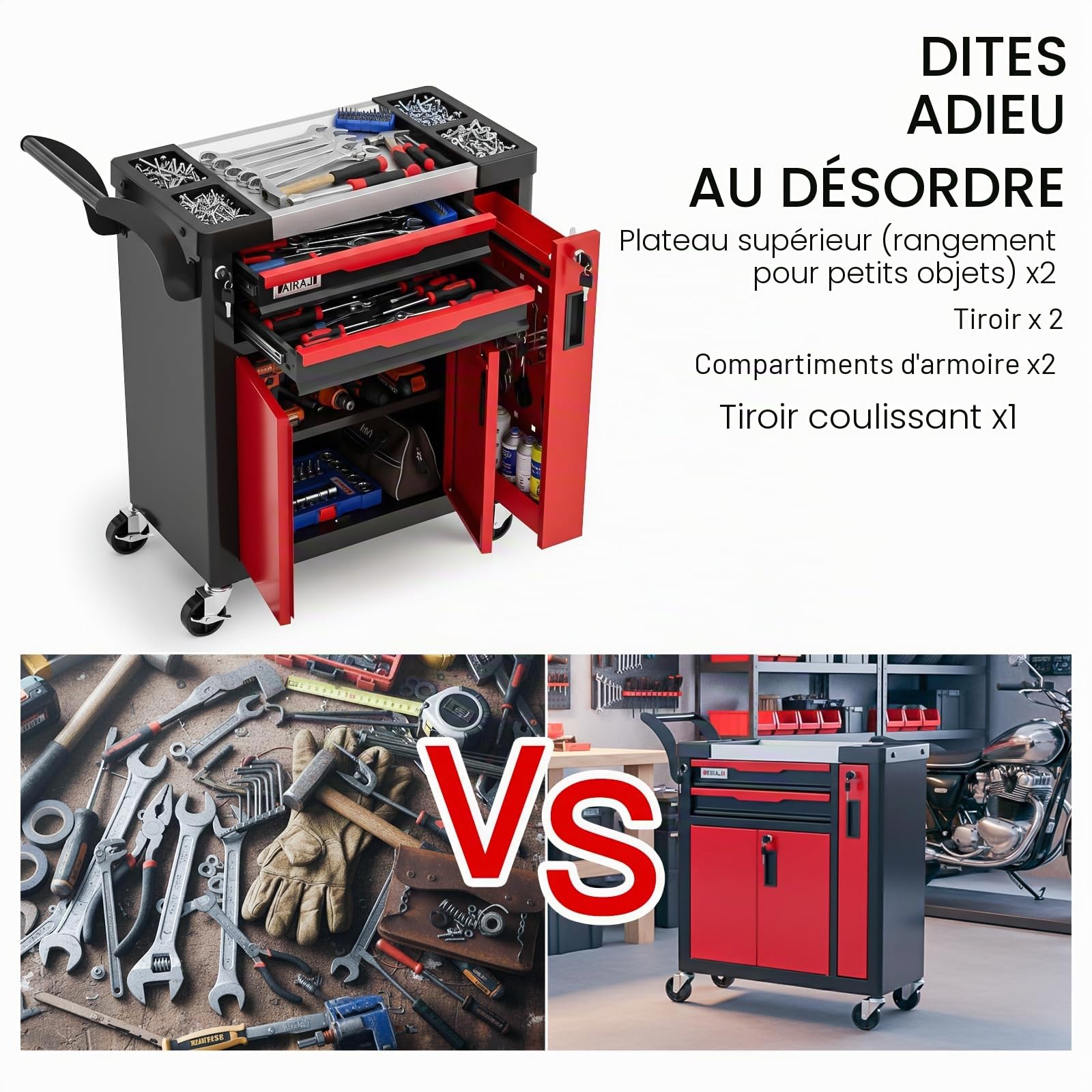 AIRAJ Servante d'atelier,Chariot d'atelier à 2 Tiroirs Grande Capacité,Servante Atelier Roulant Multifonctionnel,avec Tiroir Latéral,Convient aux Garages, Entrepôts et Atelier