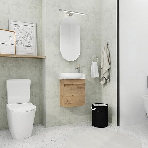 Miniatura 7 de Pvillez Tocador de baño de 16 pulgadas con fregadero, tocador de baño pequeño flotante con parte superior ovalada de cerámica y armario de tocador