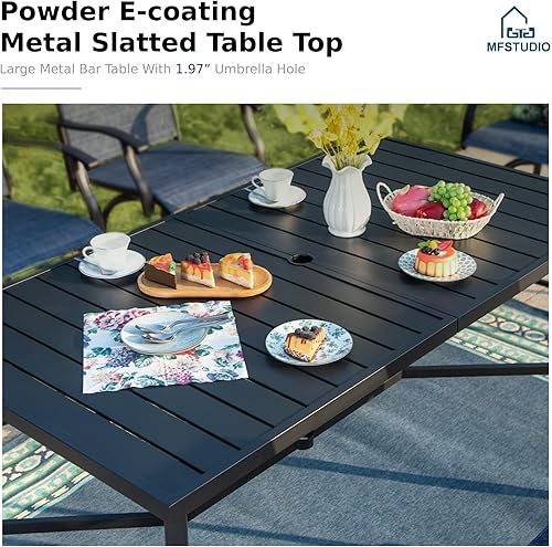 Miniatura 6 de MFSTUDIO Juego de 7 barras de patio con 1 mesa de barra de listones de metal resistente con 6 taburetes de altura de barra para exteriores, azul