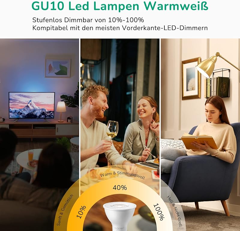EDISHINE GU10 LED Spotlámpa, 2700K Meleg Fehér, Dimmelhető, 38° Szögű Fénysugár, 5W/350 Lumen, 50W Helyettesítő, Beltéri Világítás, 10 db
