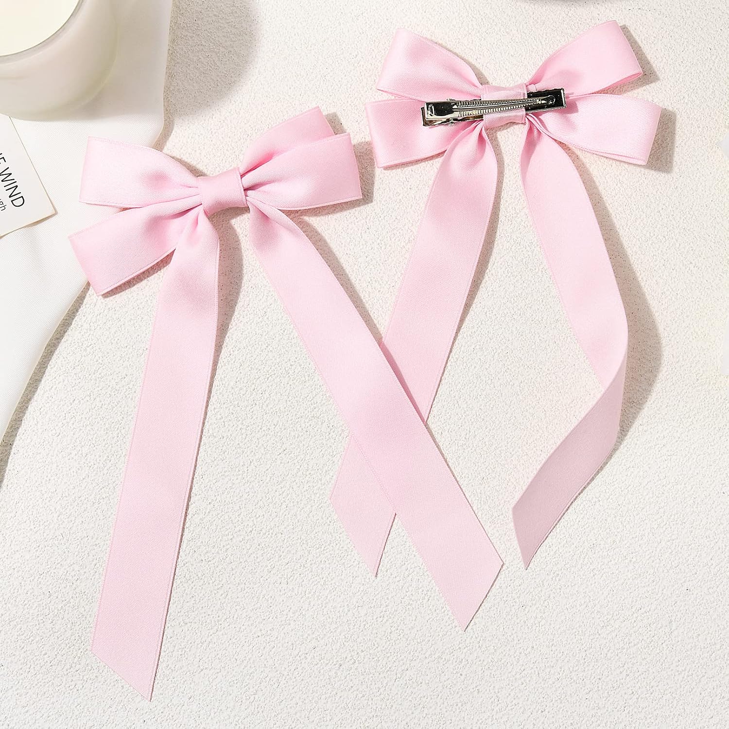 Silky Satin Hair Bows and Ribbons: 2PCS Pink Alligator Clips for Ponytail Holders, Hair Accessories for Women, Girls, Toddlers, and Teens