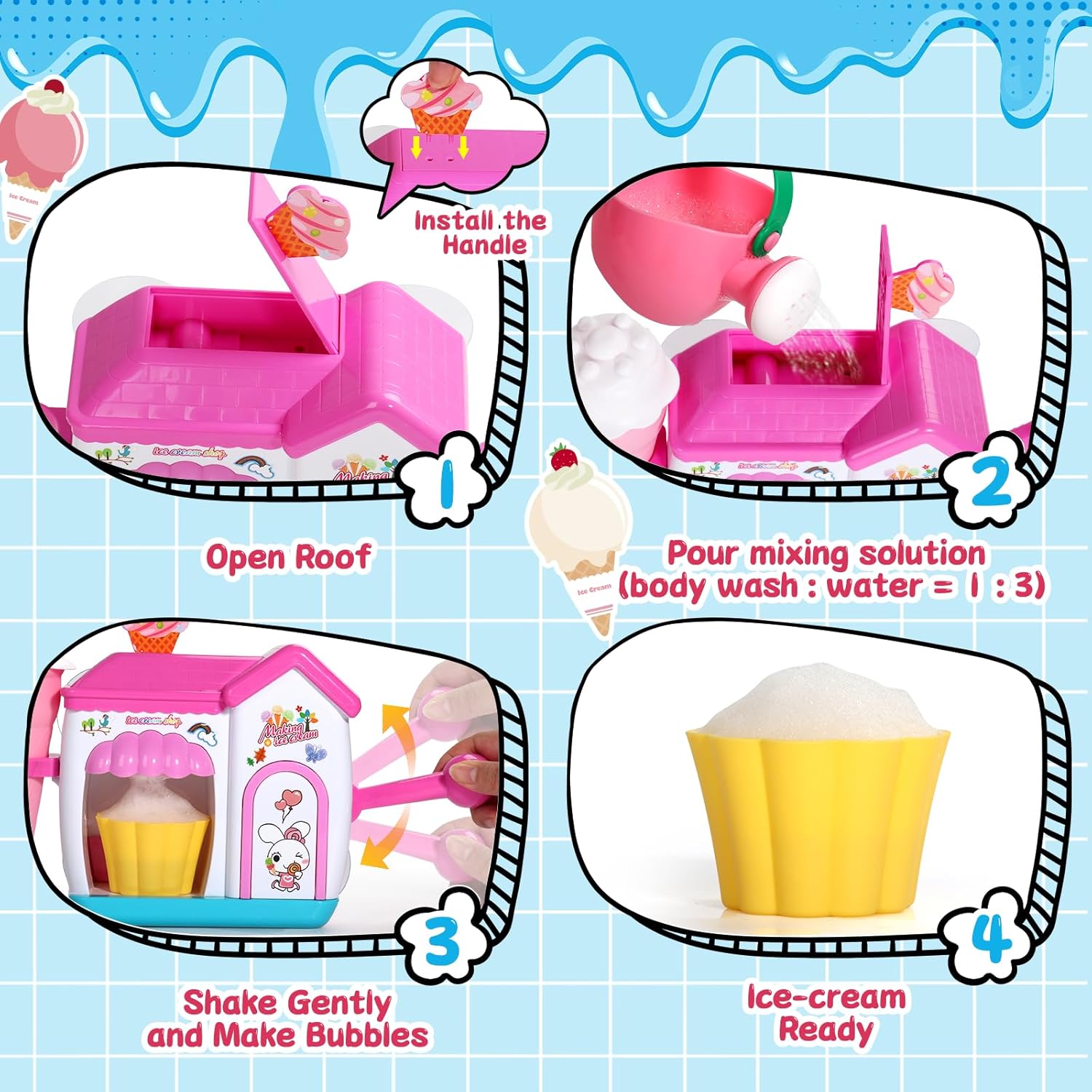 Bath Toys for Kids Ages 4-8 3-5 Toddler Bath Toys Bathtub Ice Cream Foam Maker Bubble Pretend Cake Play Set Water Toys Birthday Gifts for 2-4 5 6 Year Old Girls Boys