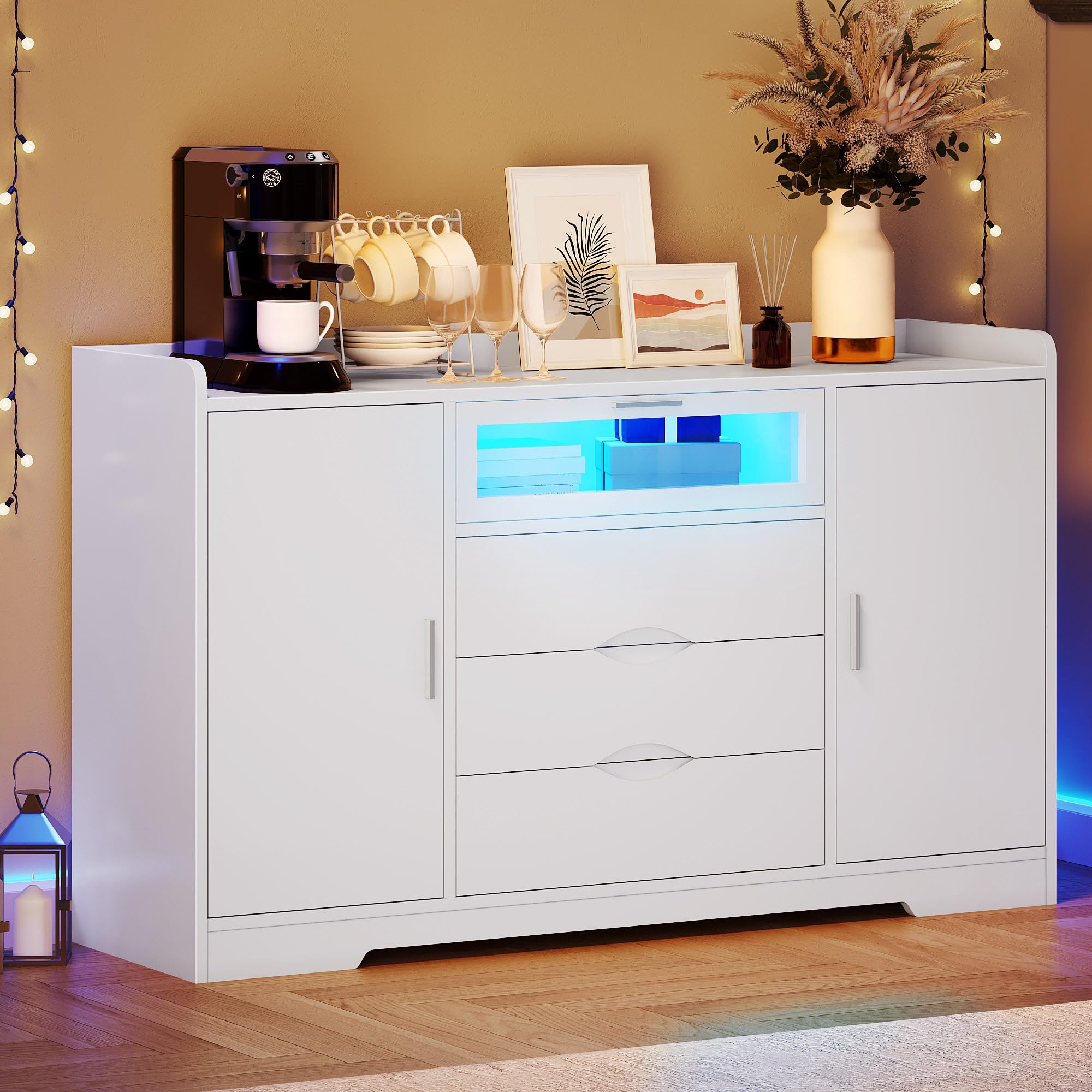 Credenza Bianca Lucida Con Luci LED - Mobile TV/Buffet 140 Cm Con Vetrina E Ripiani In Vetro - Foto 5