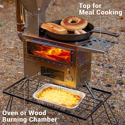 Miniatura 6 de Titanium Outdoor Camping Stove with Oven, Compatible with Pellets or Wood, Portable Design Tent Stove with Chimney Pipes Included (Model: