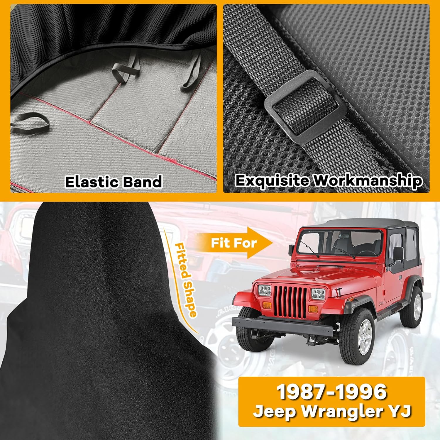 Seat Covers Compatible with Jeep Wrangler YJ 1987-1996 Full Set, Front & Rear Back Door Complete Bench, Breathable Automotive Cover Cushion Accessories