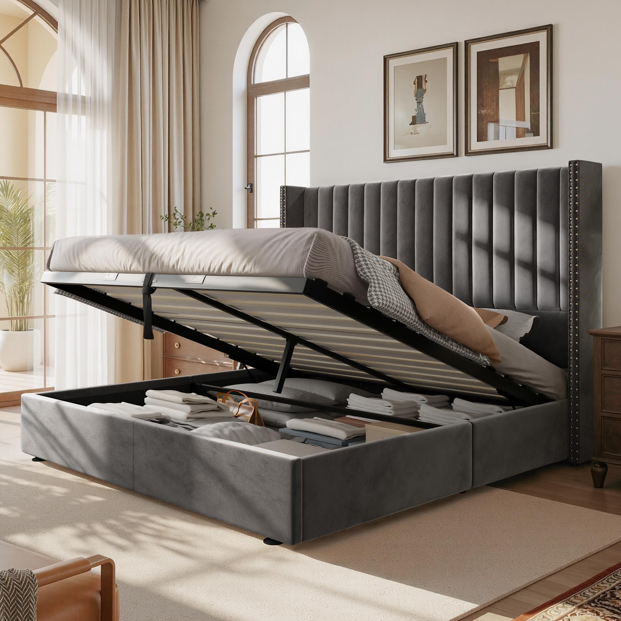 Jocisland Upholstered Queen Size Lift up Storage Bed Frame, Platform Bed Velvet with Channel Tufted Wingback Headboard, No Box Spring Needed, Gray