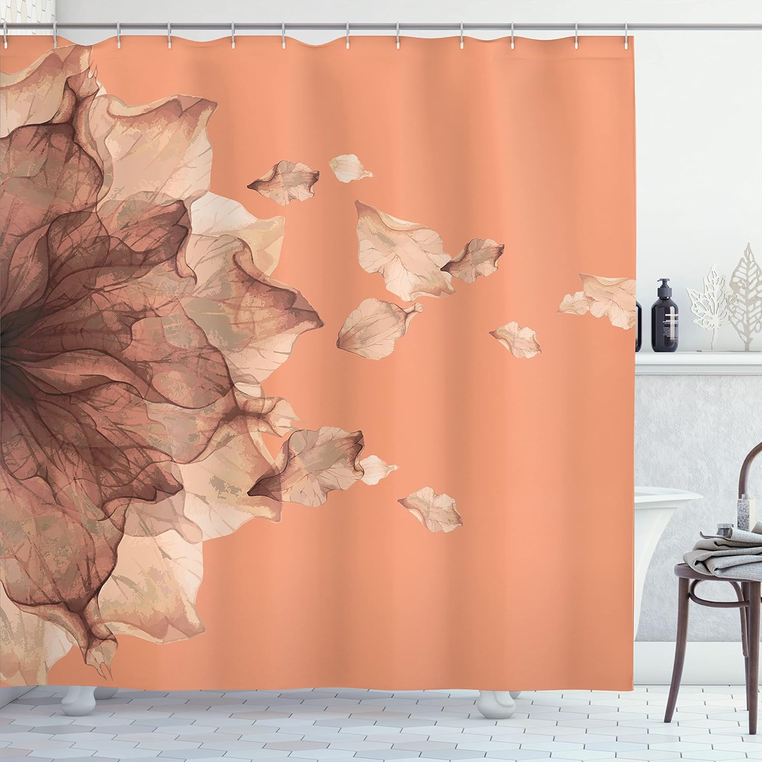 Ambesonne Flower Shower Curtain, Abstract Themed Modern Futuristic Image with Water Like Colored Artwork Print, Cloth Fabric Bathroom Decor Set with Hooks, 69" W x 75" L, Dark Peach