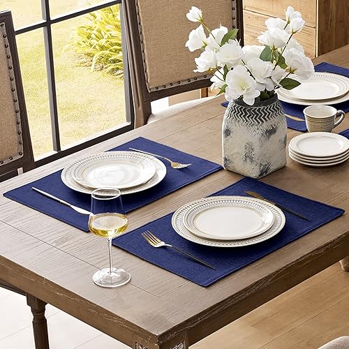 Miniatura 2 de Romanstile Juego de 4 manteles individuales de lino sintético, 12 x 18 pulgadas, manteles individuales de arpillera de lino grueso, antideslizantes,