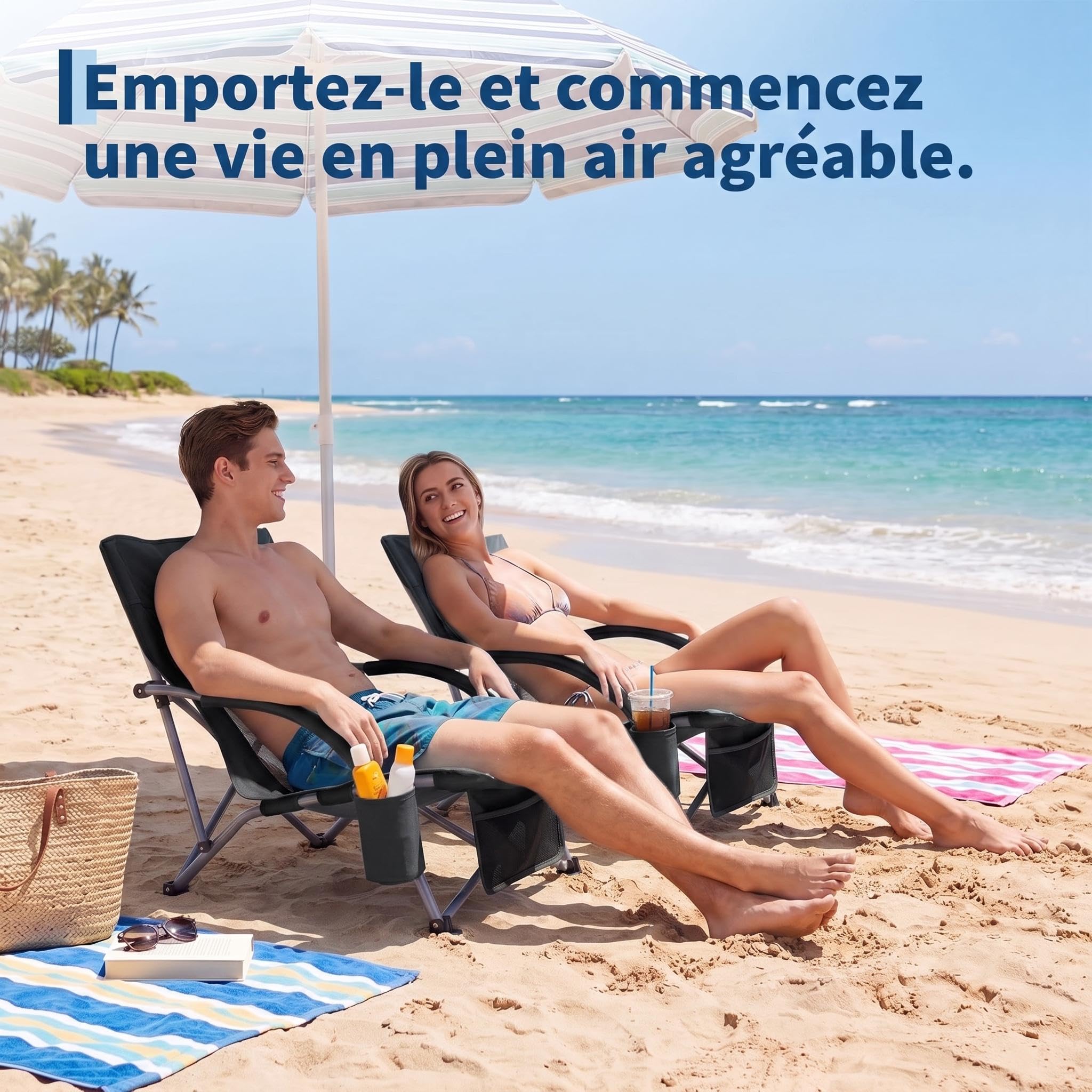 Chaise De Plage Pliante Robuste Et Légère, Haut en Maille Ultralége 2pack | Sangles Sac à Dos, Poche Téléphone, Porte-Gobelet