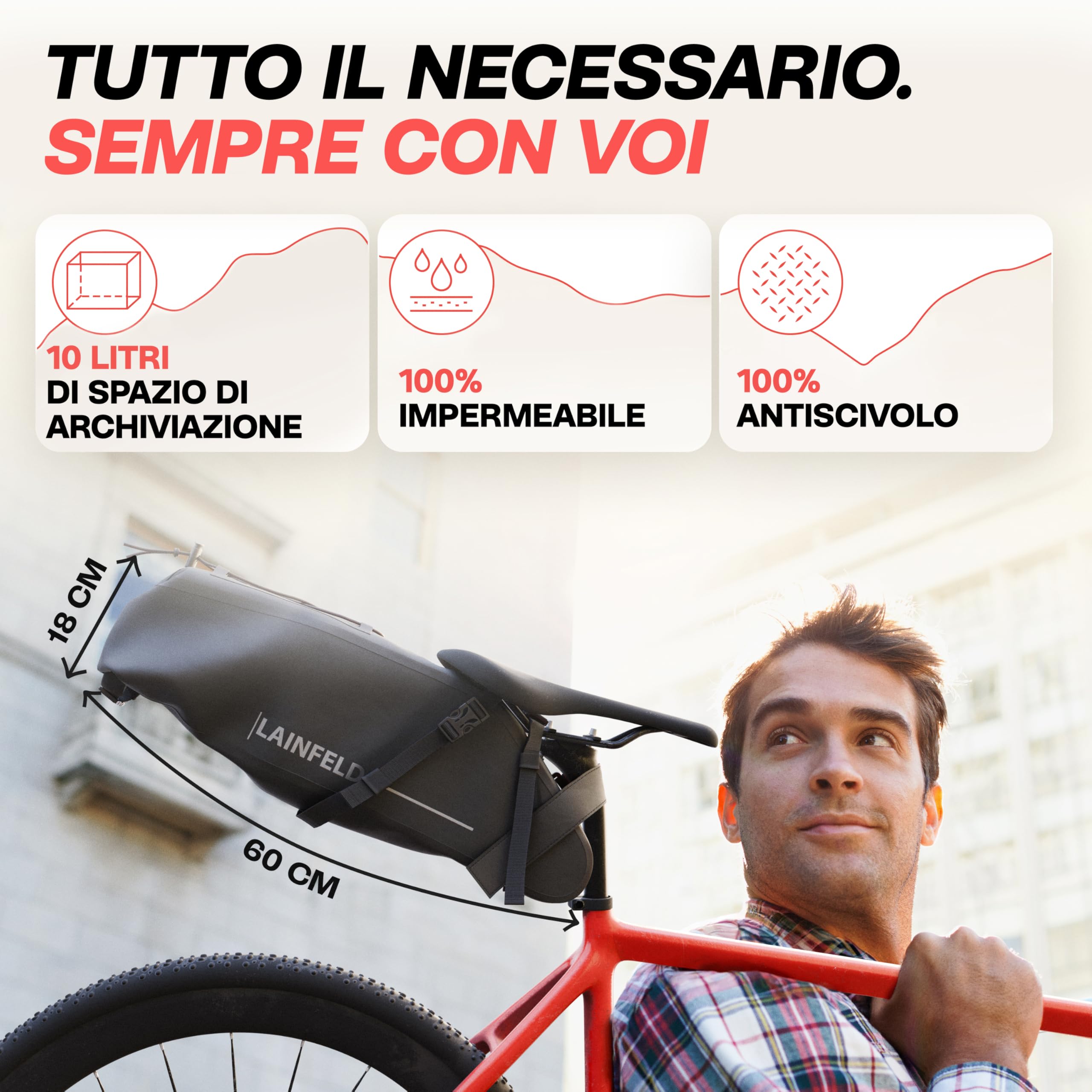 LAINFELD Borsa da sella per bicicletta [10 litri] | 100% impermeabile | stampa riflettente – Bike Packing E-Bike MTB Gravel Bike Bici da corsa Borse | Accessori per bicicletta elettrica, MTB, ghiaia e bici da corsa, borsa impermeabile