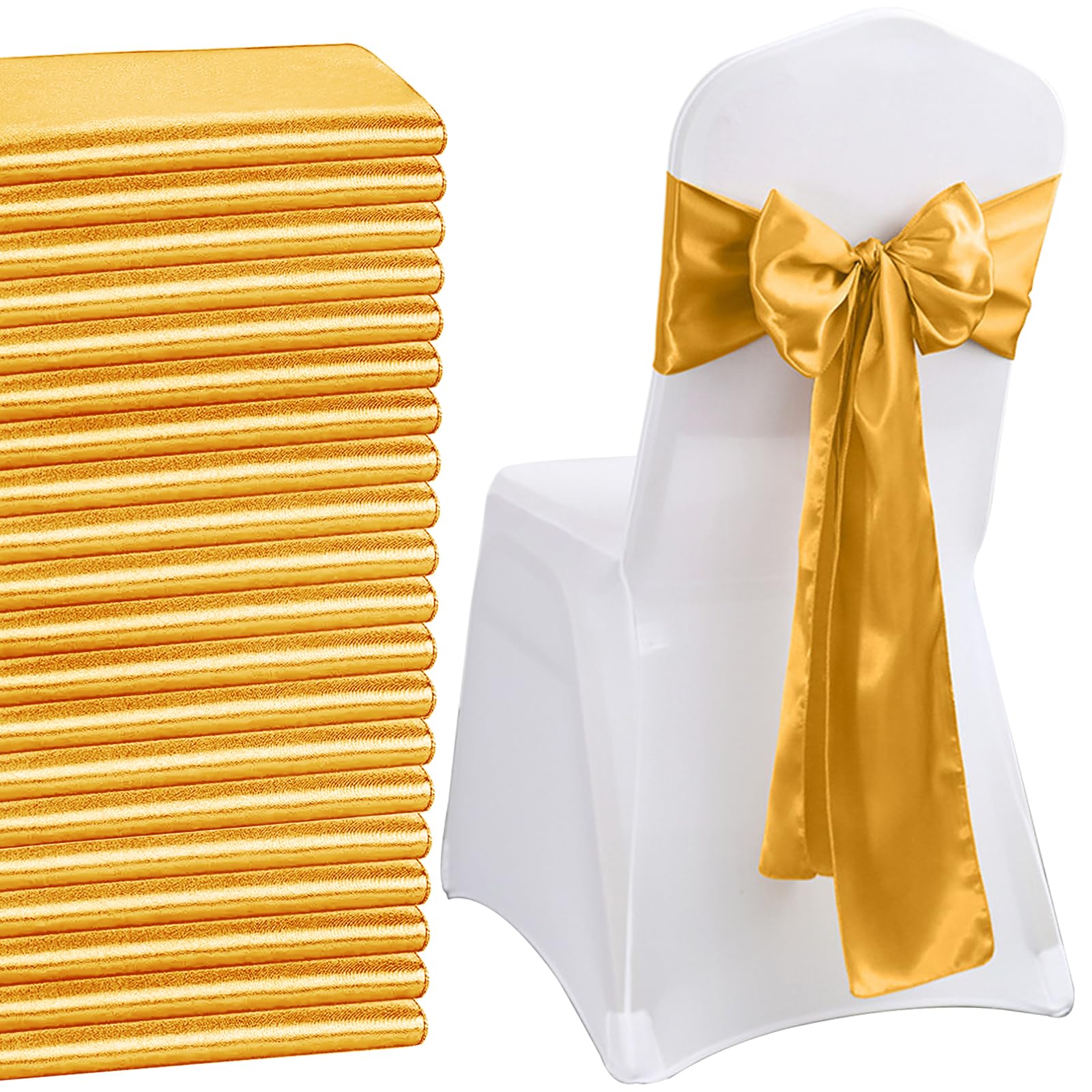 QeeFop Pack of 50 Satin Sashes Wedding Chair Bow, Elastic Chair Sashes for Wedding Decoration, Birthday, Banquet, Party Decoration (Bronzing Gold) — image 1