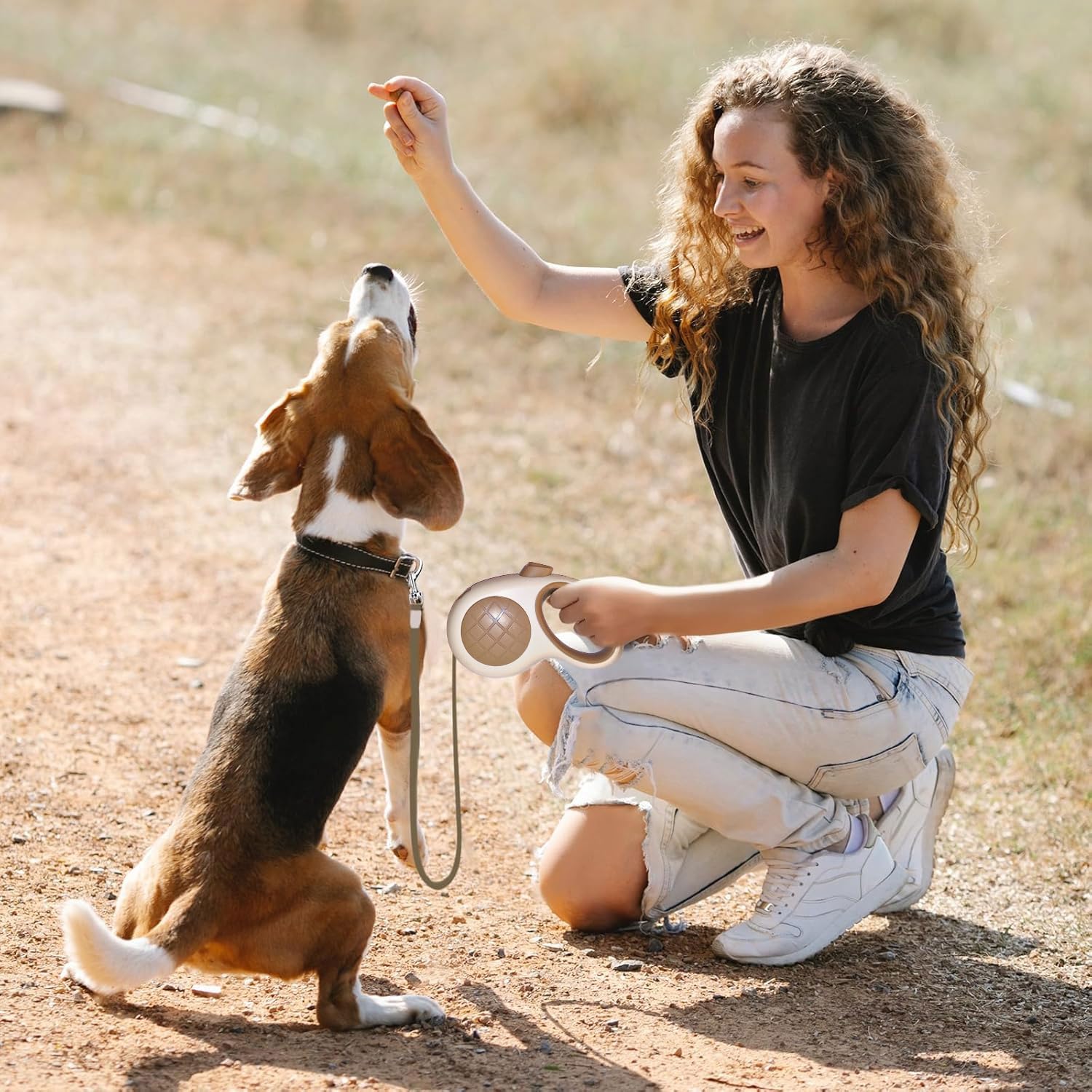 PETBABAS Adjustable Retractable Dog Leash |Heavy Duty Leash for Pets with 360° Tangle Free Design |Strong Nylon Tape, Anti-Slip Handle, Built in Spring, One-Click Brake Pause (5 Meter, White) 3