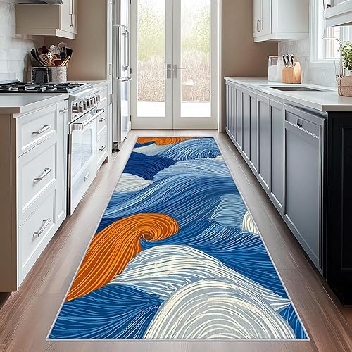 Miniatura 10 de Alfombra vintage de los años 70, 3 x 10, alfombra de pasillo retro marrón naranja con patrón ondulado, antideslizante, lavable, alfombra vintage de