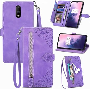 Compatible with OnePlus 7 6T Wallet Case Wrist Strap Lanyard Leather Flip Card Holder Stand Phone Cover for OnePlus6T A6013 OnePlus7 GM1900 One Plus6T 1+ Plus7 1 Plus 1plus T6 Women Purple