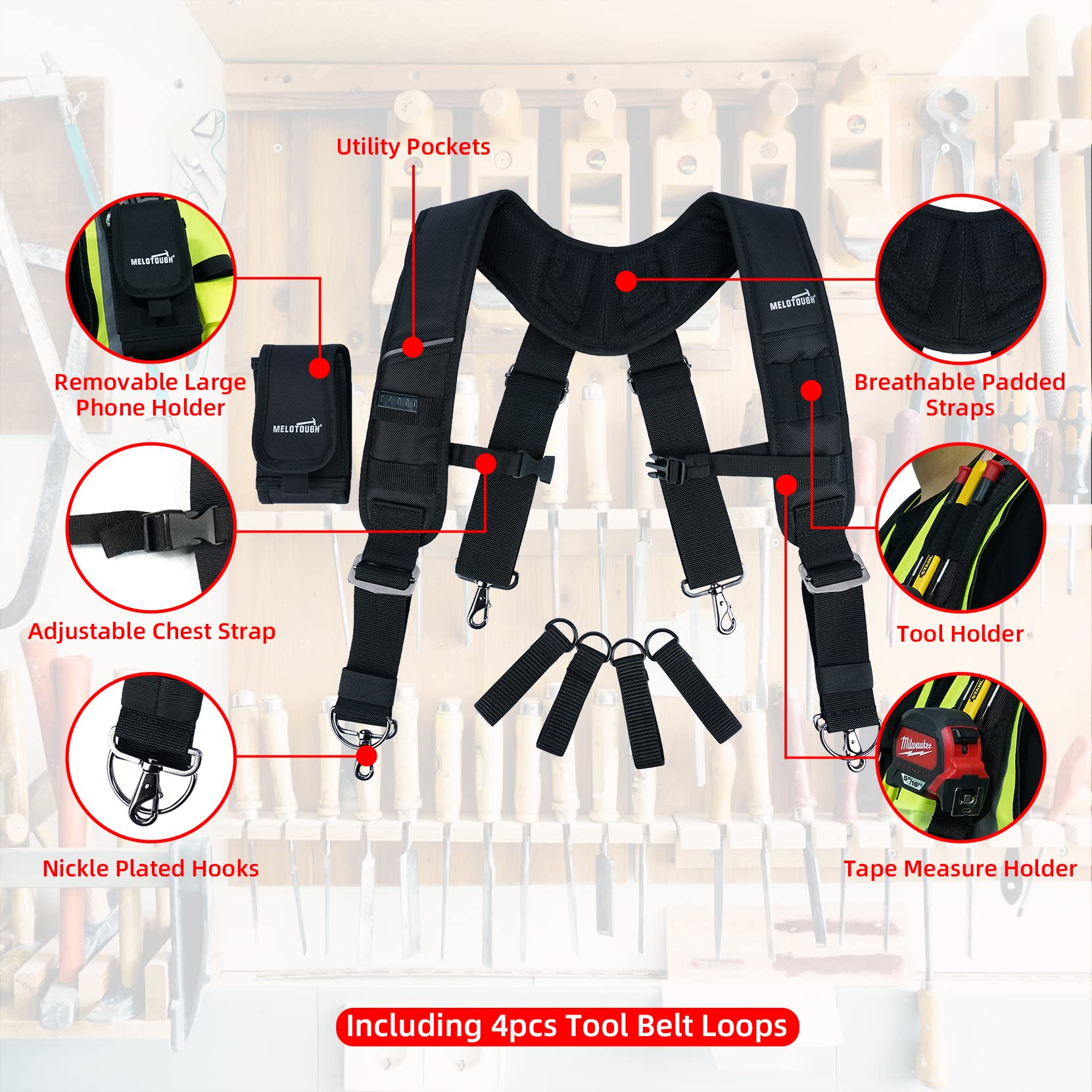MELOTOUGH Tool Belt Suspenders Construction Bag Suspenders Heavy Duty Padded Work belt Suspenders for Carpenter/Electrician/Roofing/Farmer work Suspension Rig - Image 2