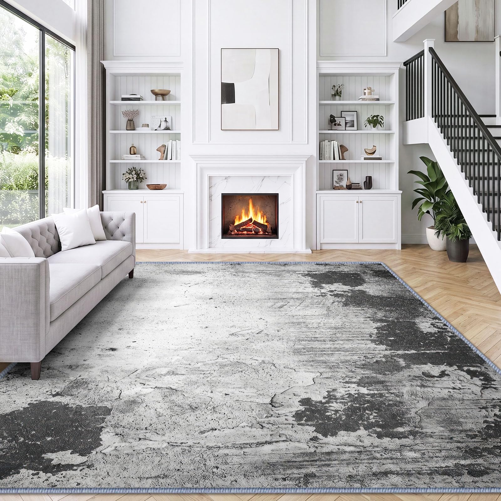 Tapis en Flanelle Douce 160 x 230 cm Abstrait Texture Rugueuse Vieilli Tapis de Salon Moderne, Antidérapant et Lavable en Machine – Idéal Chambre, Couloir – Poils Courts Facile à Nettoyer, Gris