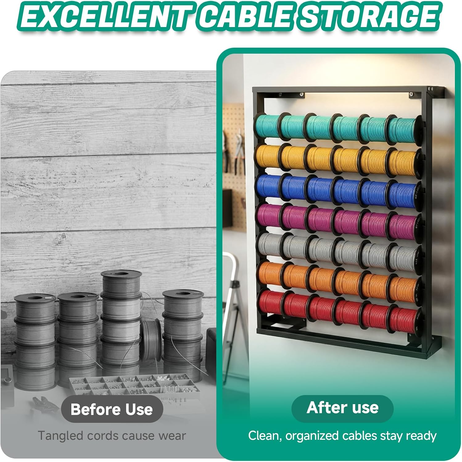 Heavy Duty Wall-Mounted Wire Spool Rack with 7 Adjustable Stainless Steel Rods – Cable Reel Holder and Dispenser Includes Steel Pipe Storage Bag & 10 Hooks for Electrical and Industrial Use (Black)