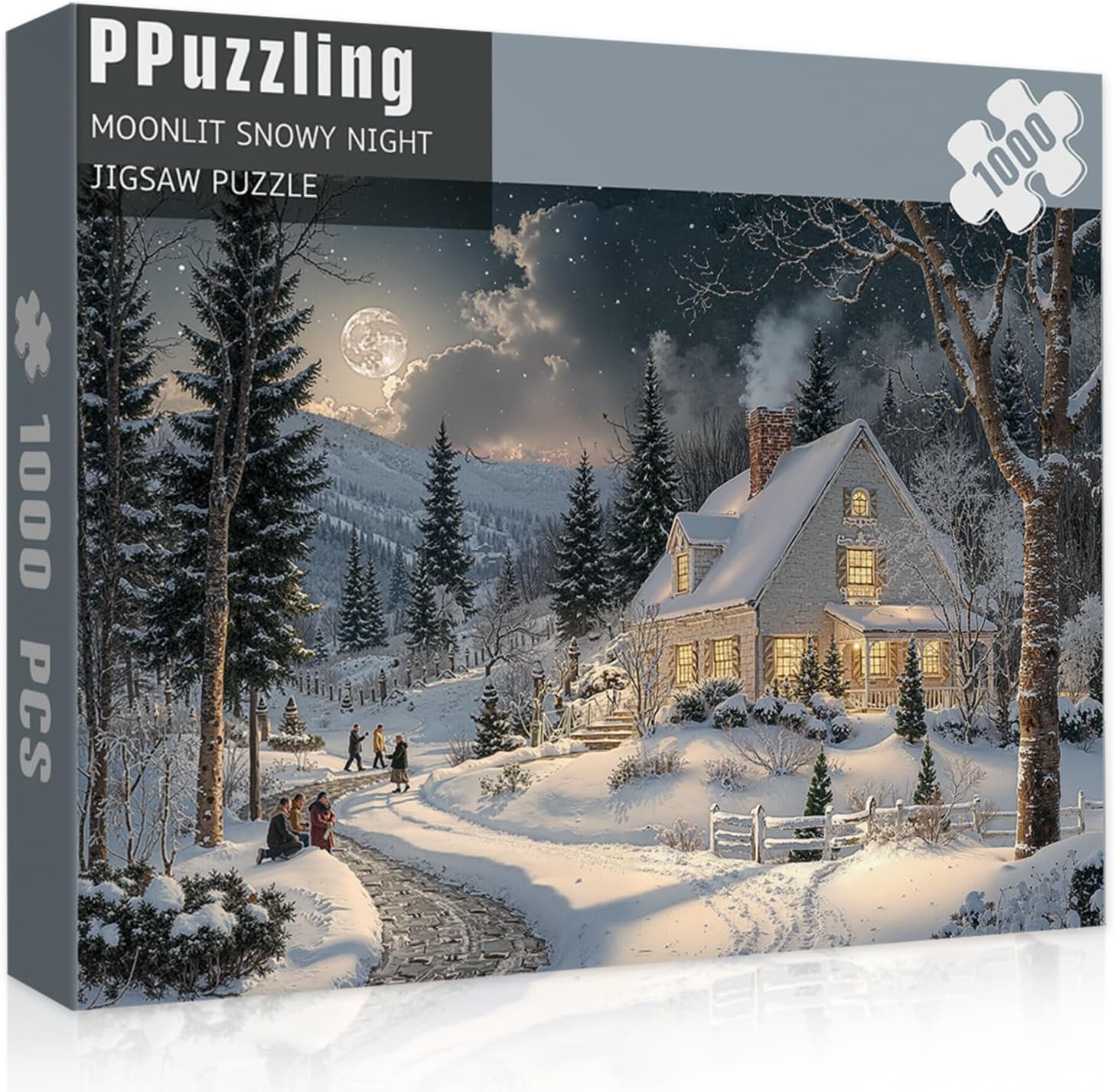Moonlit Snowy Night Puzzles for Adults 1000 Pieces, Cozy Winter Forest Cabin Night Scene Nature Jigsaw Puzzle, Challenging Holiday Landscape Art Puzzle as Home Wall Decor