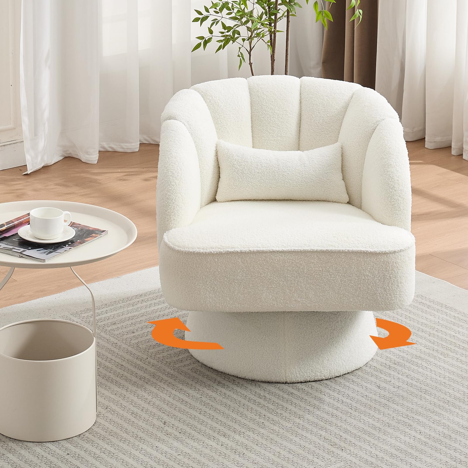 GarveeHome Modern Swivel Barrel Accent Chair, 360Β° Teddy Fabric Upholstered Armchair with Striped Backrest & Plush Padding, Comfy Round Lounge Chair for Living Room, Bedroom, Reading Nook, Beige