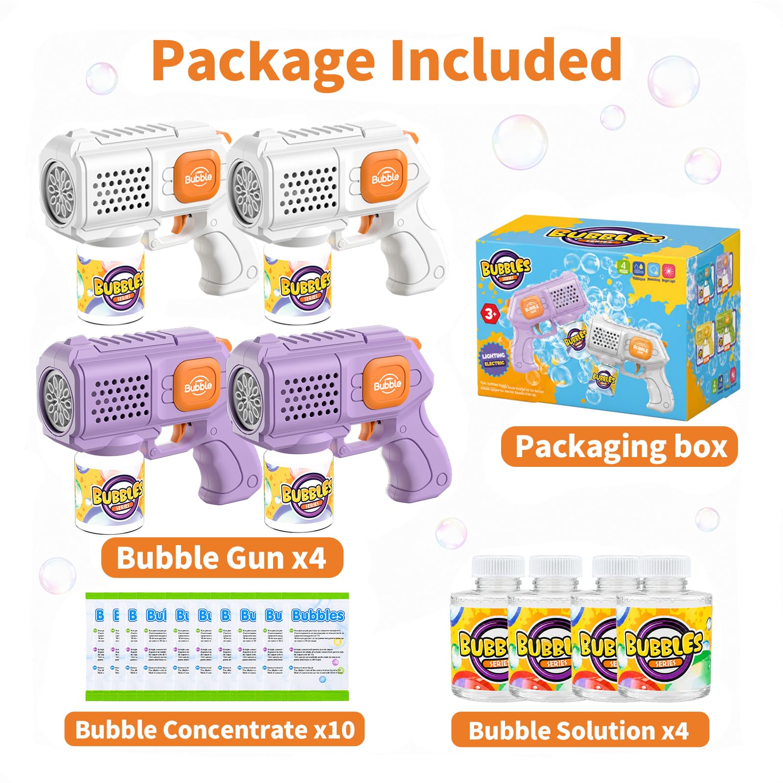 4 Stück automatische Seifenblasenpistole – 8000+ Blasen/min, tragbar mit LED-Lichtern, Seifenblasenmaschine für Kinder – Geburtstag/Hochzeit/Party/Geschenk