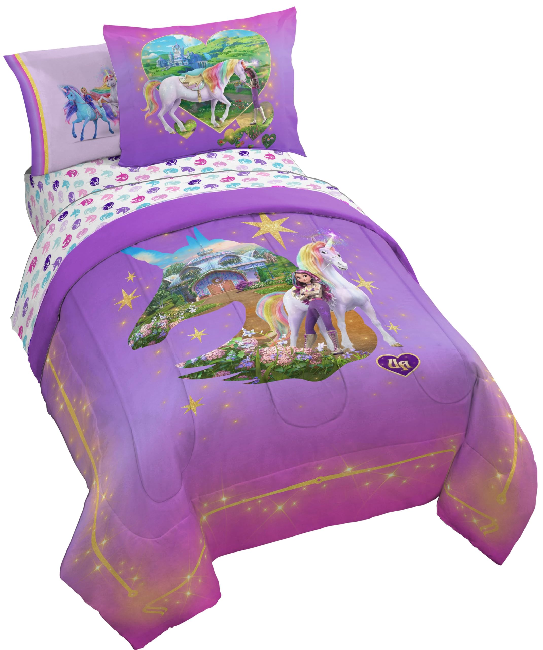 Jay Franco Unicorn Academy Twin Size Comforter Set - 5 Piece Bedding Includes Sheet Set & Pillow Covers - Super Soft Cozy Bedding with Sophia and Wildstar