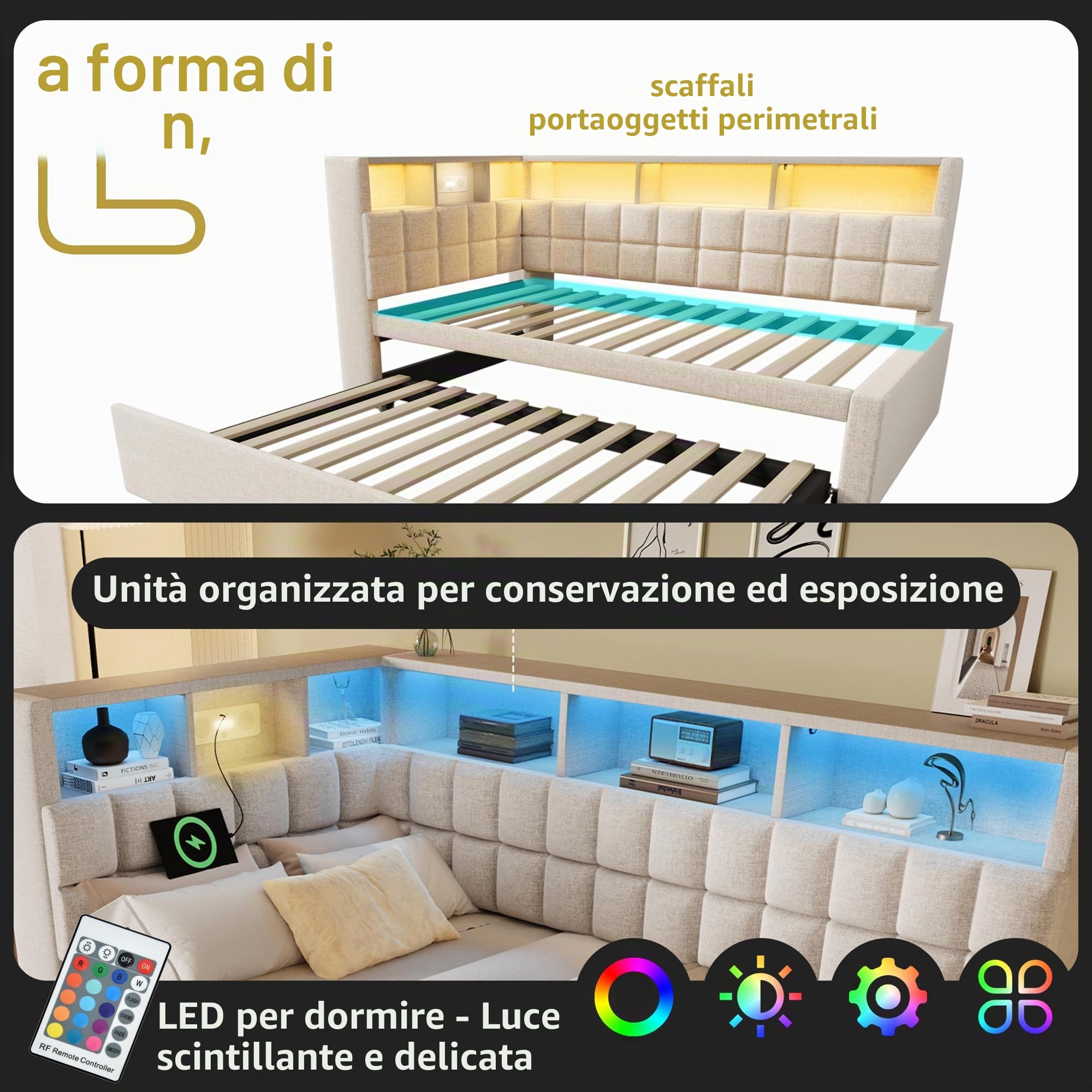 Letto imbottito in lino, 90 x 200 cm, con letto estraibile 90 x 190 cm, LED, altoparlante Bluetooth, porta di ricarica USB e tipo C, testiera a L con scaffalatura, divano letto/letto degli ospiti